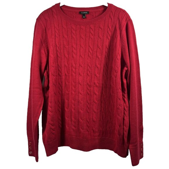 Talbots Sweater XL Solid Red Lambs Wool Blend Crew Cable Stitch Knit Long Sleeve - Picture 1 of 10